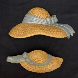 Vtg Burwood Straw Hats w/ Blue Bows Plastic Wall Decor Set of 2 Cottage